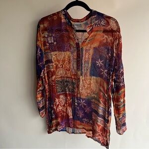 Chico’s 100% Silk Embellished Blouse Sz 2 Lg 12 Purple Red Orange EUC